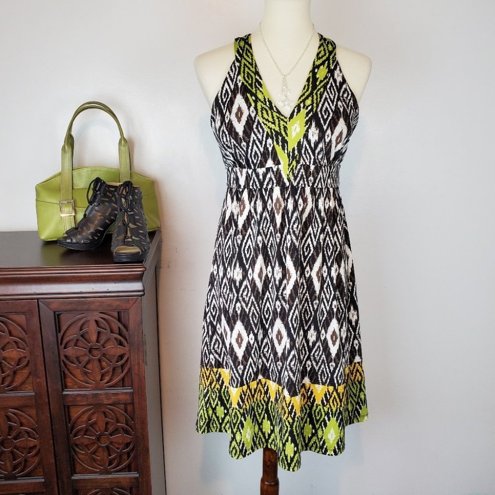 INC International Green Brown Black Sleeveless V-Neck Halter Dress Size M